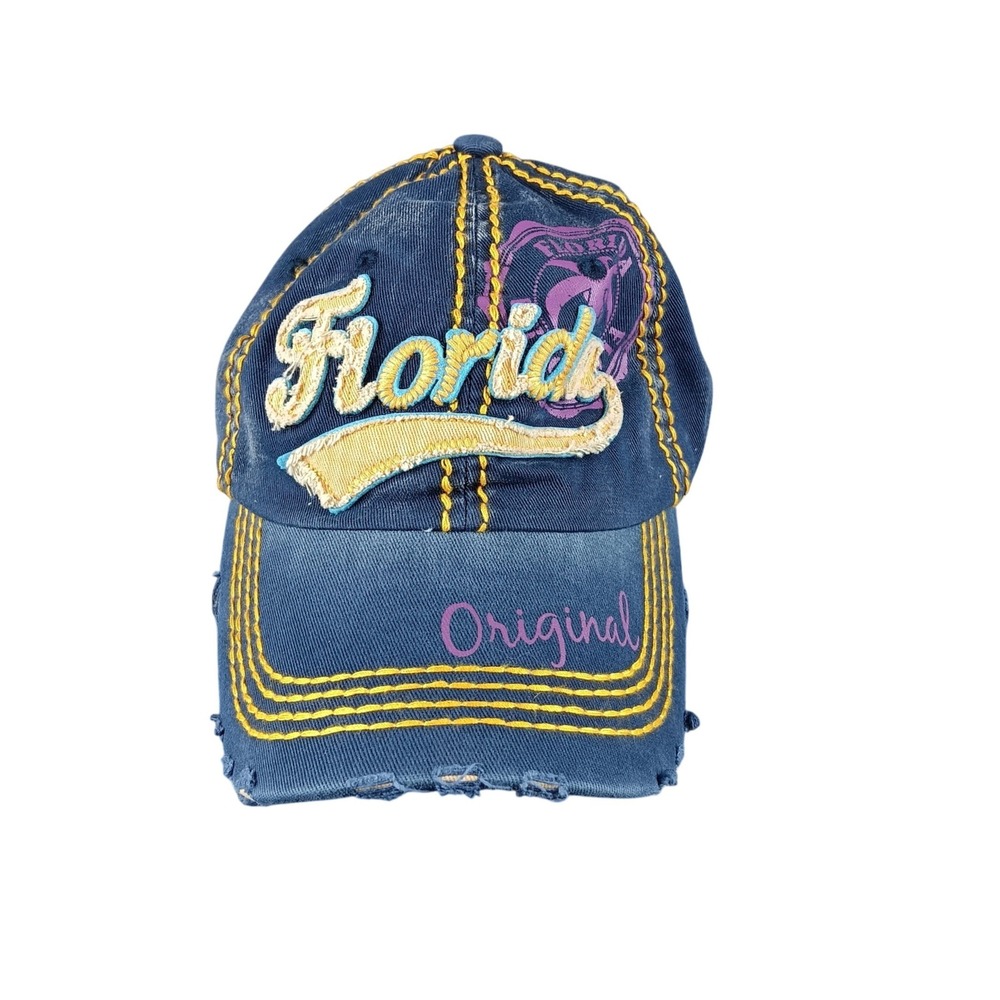 Robin Ruth Florida Distressed Denim Baseball‎ Cap Yellow Stitching Purple Accent